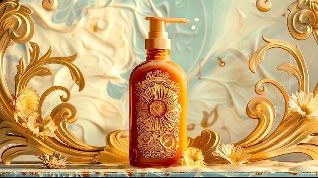 Kostenloses Foto kosmetische flasche mit luxuriösem art nouveau-inspirierten sonnenrelief-hintergrund