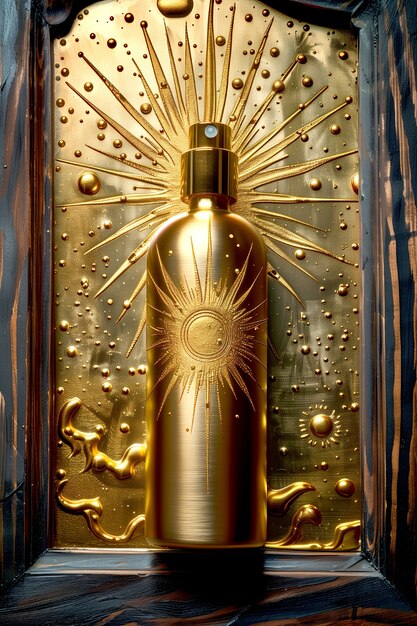 Kosmetische Flasche mit luxuriösem Art Nouveau-inspirierten Sonnenrelief-Hintergrund