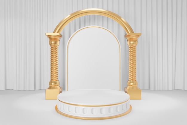 Kosmetischer display-produktstand, goldweißes rundes zylinderpodium im römischen stil mit goldenen griechischen säulen auf weißem vorhanghintergrund. 3d-rendering-illustration