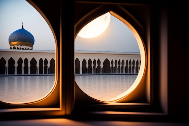 Kostenlose Foto Ramadan Kareem Eid Mubarak Royal Elegant Lamp mit Moschee Holy Gate mit Feuerwerk