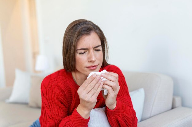 Kranke Frau sitzt auf dem Bett und fühlt sich ungesund. Schnupfen läuft. Kranke junge Frau, die an Rhinitis leidet, Schnupfen mit Atemwegsinfektion, bekommt Grippe, braucht Medikamente