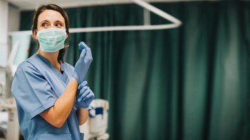 Kostenloses Foto krankenschwester mit maske, die handschuhe anzieht und sich darauf vorbereitet, coronavirus-patienten zu heilen