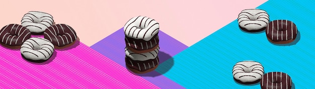 Kreatives minimalistisches essensdesign 3d render weiße und schokoladenbraune donuts im geometrischen raum der isometrie. banner. restaurant, bäckerei, süßwarenladen, lebensmittellieferungskonzept moderne kunst.