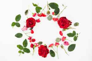 Kostenloses Foto kreisrahmen gemacht mit roten rosen und blättern auf weißem hintergrund