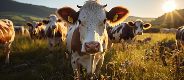 Kühe grasen auf einer Wiese bei Sonnenuntergang auf dem Land