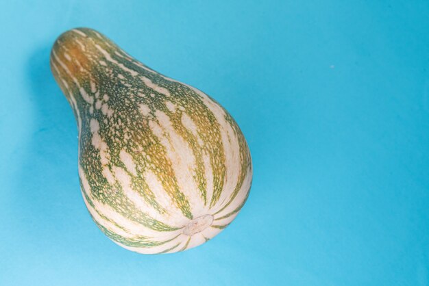 Kürbis auf Tisch auf blauem Hintergrund