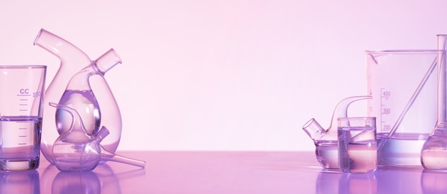 Laborglaswaren und rosafarbener Hintergrund