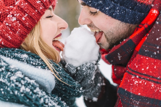 Lachende Paare, die Schneeball sperren