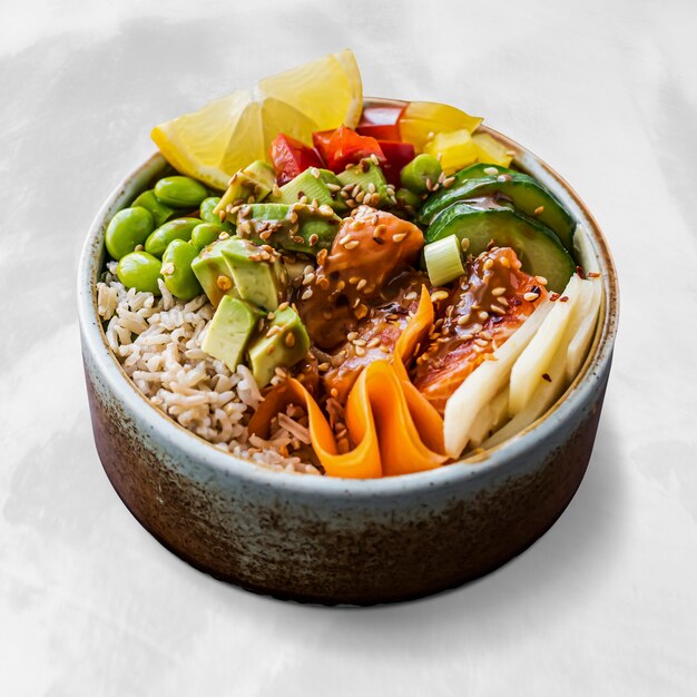 Lachs auf Reis Poke Bowl Fotografie gesundes Essen