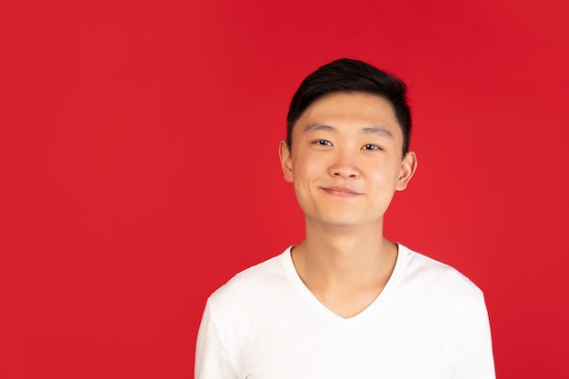 Lächelnd, fröhlich. Asiatisches Porträt des jungen Mannes auf roter Wand. Hübsches männliches Model im lässigen Stil. Konzept der menschlichen Emotionen, Gesichtsausdruck, Jugend, Verkauf, Anzeige.