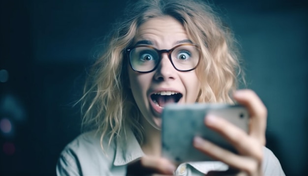 Kostenloses Foto lächelnde blonde frau hält ihr telefon in der hand und macht ein von ki generiertes selfie