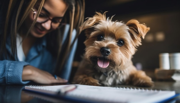 Kostenloses Foto lächelnde junge frau hält süßen terrier welpen generative ai