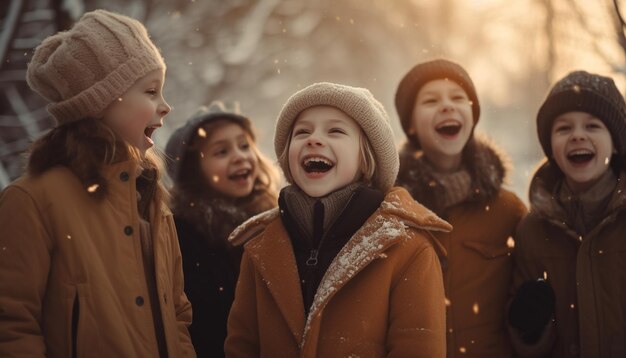 Lächelnde Kinder, die im Winterwald spielen, erzeugt durch KI