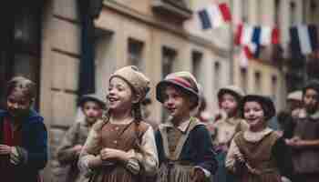 Kostenloses Foto lächelnde kinder in traditioneller kleidung erfreuen sich an einer von ki generierten parade