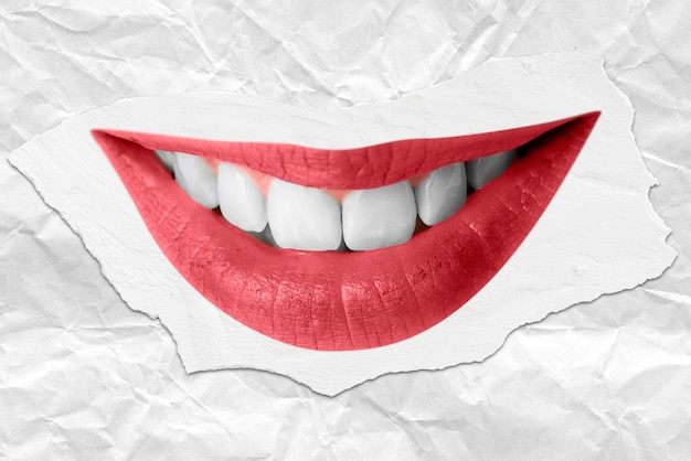 Lächelnde rote lippen mit zähnen in nahaufnahme auf zerrissenem papierhintergrund