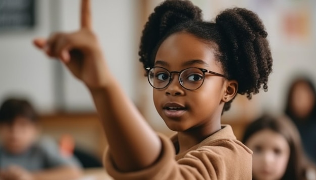 Lächelnde Schulkinder, die in einem von KI generierten Klassenzimmer lernen