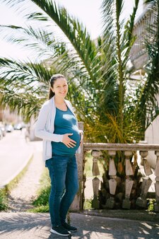 Lächelnde schwangere frau, die in der nähe einer steinernen balustrade steht
