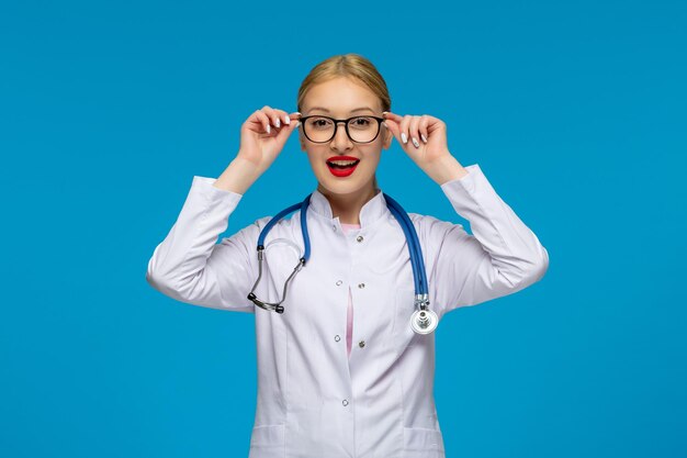 Lächelnder Arzt des Weltärztetages, der eine Brille mit dem Stethoskop im Arztkittel hält