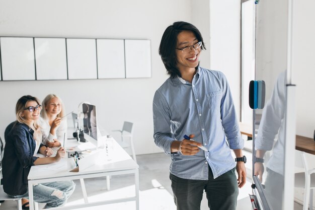 Lächelnder asiatischer freiberuflicher Entwickler, der Aktionsplan des Flipcharts zeichnet. Blonde junge Managerinnen, die ausländische Kollegin betrachten, die etwas an Bord schreibt.