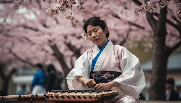 Lächelnder Musiker spielt traditionelles Instrument unter Kirschblüten, erzeugt von KI