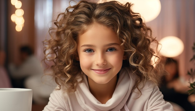 Lächelndes Kinderglück, süßes Mädchen, fröhliches Porträt drinnen, Blick in die Kamera, erzeugt durch künstliche Intelligenz
