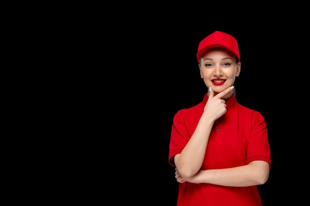 Lächelndes Mädchen des roten Hemdtages, das ein Kinn in einer roten Kappe berührt, die Hemd und hellen Lippenstift trägt