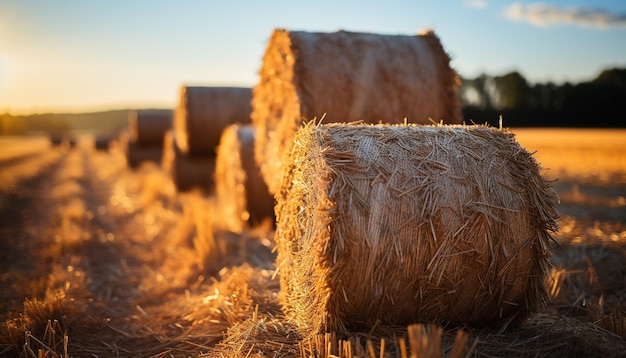 Ländliche Szene Bauernhof Wiese Heuhaufen Weizengras Sonnenuntergang erzeugt durch künstliche Intelligenz