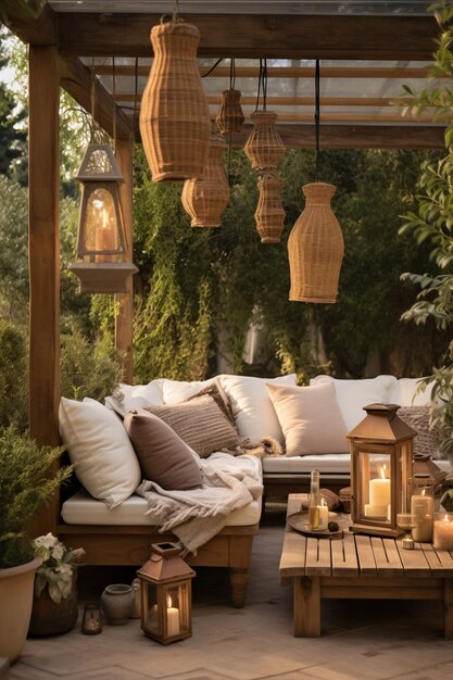 Ländliche Terrasse mit Möbeln und Vegetation