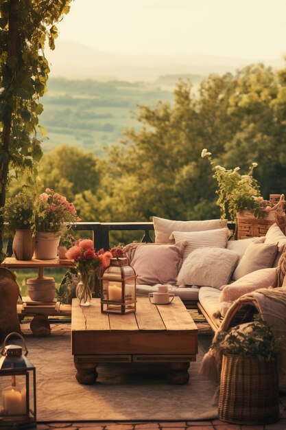 Ländliche Terrasse mit Möbeln und Vegetation