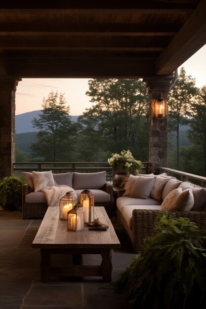 Ländliche Terrasse mit Möbeln und Vegetation