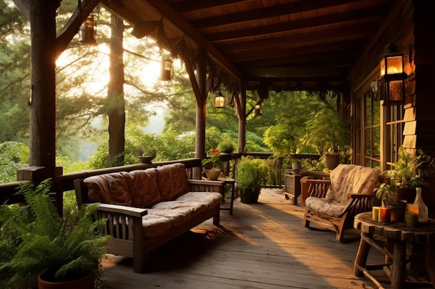 Ländliche Terrasse mit Möbeln und Vegetation