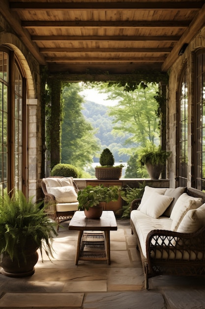 Ländliche Terrasse mit Möbeln und Vegetation