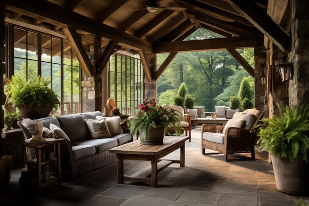 Ländliche Terrasse mit Möbeln und Vegetation