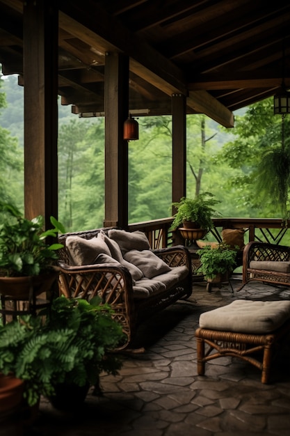 Ländliche Terrasse mit Möbeln und Vegetation