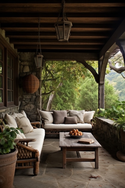 Ländliche Terrasse mit Möbeln und Vegetation