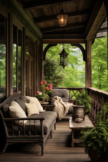 Ländliche Terrasse mit Möbeln und Vegetation