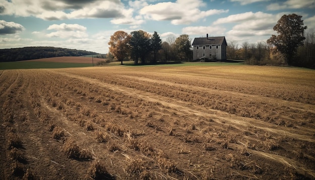 Ländliches Bauernhaus inmitten ruhiger grüner Weiden mit weitläufigem Horizont, der von KI generiert wurde