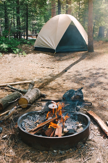 Kostenloses Foto lagerfeuer und ein camp in einem von wanderern gesetzten wald