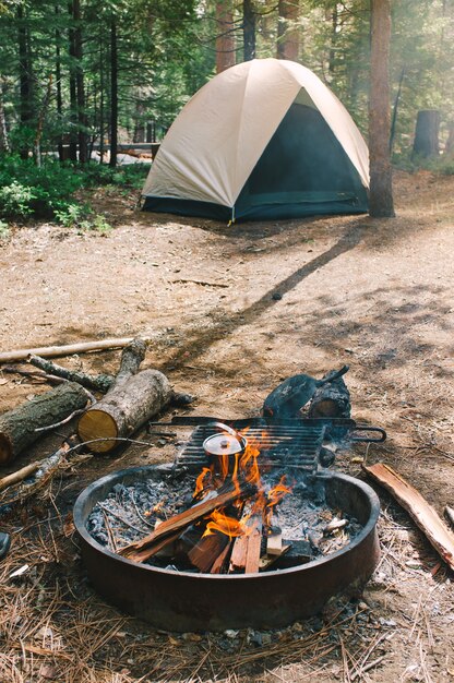 Lagerfeuer und ein Camp in einem von Wanderern gesetzten Wald