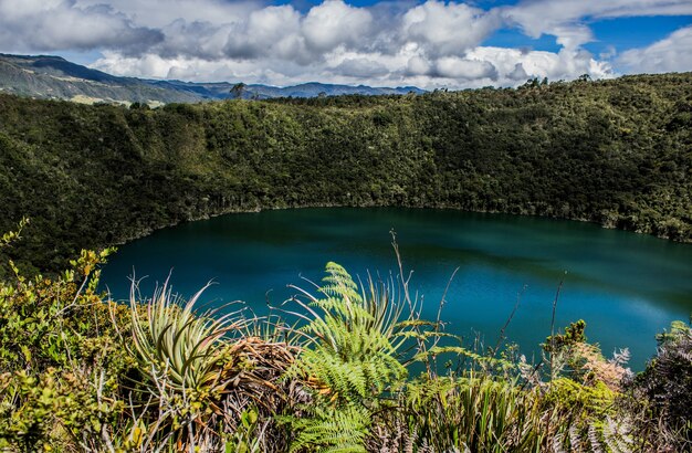 Landschaft der Laguna del Cacique Guatavita, umgeben von Grün unter dem Sonnenlicht in Kolumbien