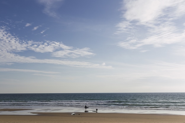 Landschaft des Strandes mit Surfern darauf, umgeben vom Meer unter dem Sonnenlicht während des Tages