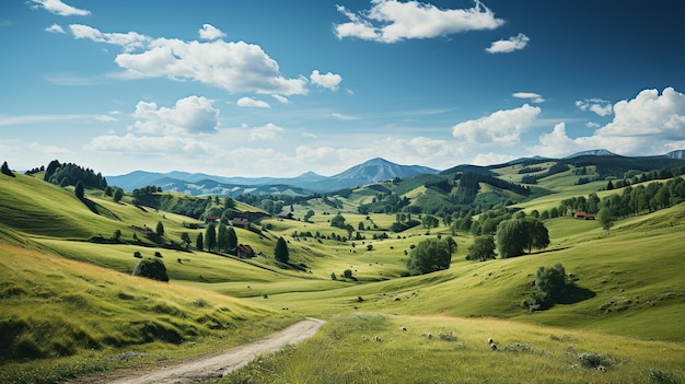 Kostenloses Foto landschaft mit grünen wiesen und dorf in den karpaten