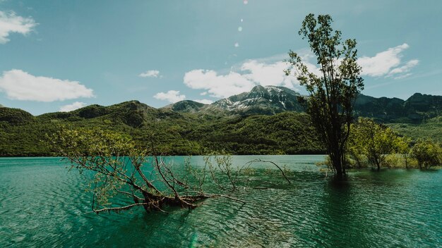 Landschaft von einem See, umgeben von Bergen