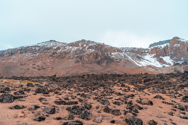 Landschaftsansicht des vulkanischen geländes in der nähe des kilimanjaro-berges in tansania