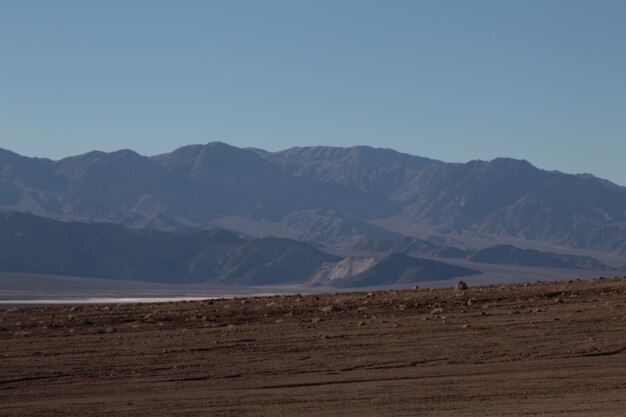 Landschaftsaufnahme eines halbtrockenen verlassenen Gebiets vor einer schönen Bergkette