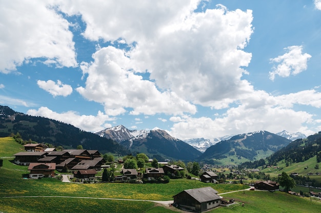 Landschaftsschweizer Dorf auf Gebirgshintergrund