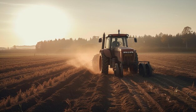 Landwirt, der im Freien arbeitet und Weizen bei Sonnenuntergang erntet, der von KI generiert wird