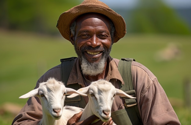 Kostenloses Foto landwirt, der sich um eine ziegenfarm kümmert