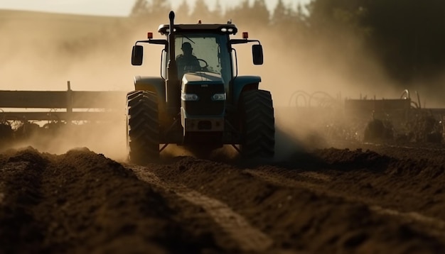 Landwirt pflügt Feld mit schweren Maschinen im Sonnenlicht, das von KI erzeugt wird