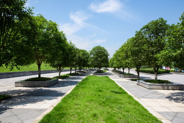 Langer leerer Fußweg im modernen Stadtplatz mit Skyline